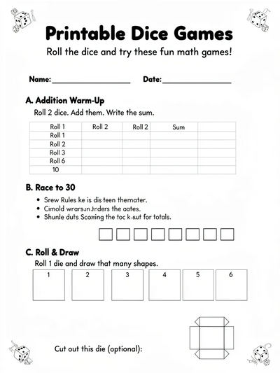 Printable Dice Games Activity Sheet thumbnail